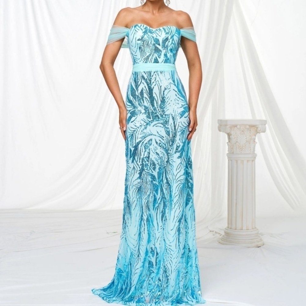 Blue, Graphic Print, Off The Shoulder,  Backless, Contrast Sequined Mermaid Gown